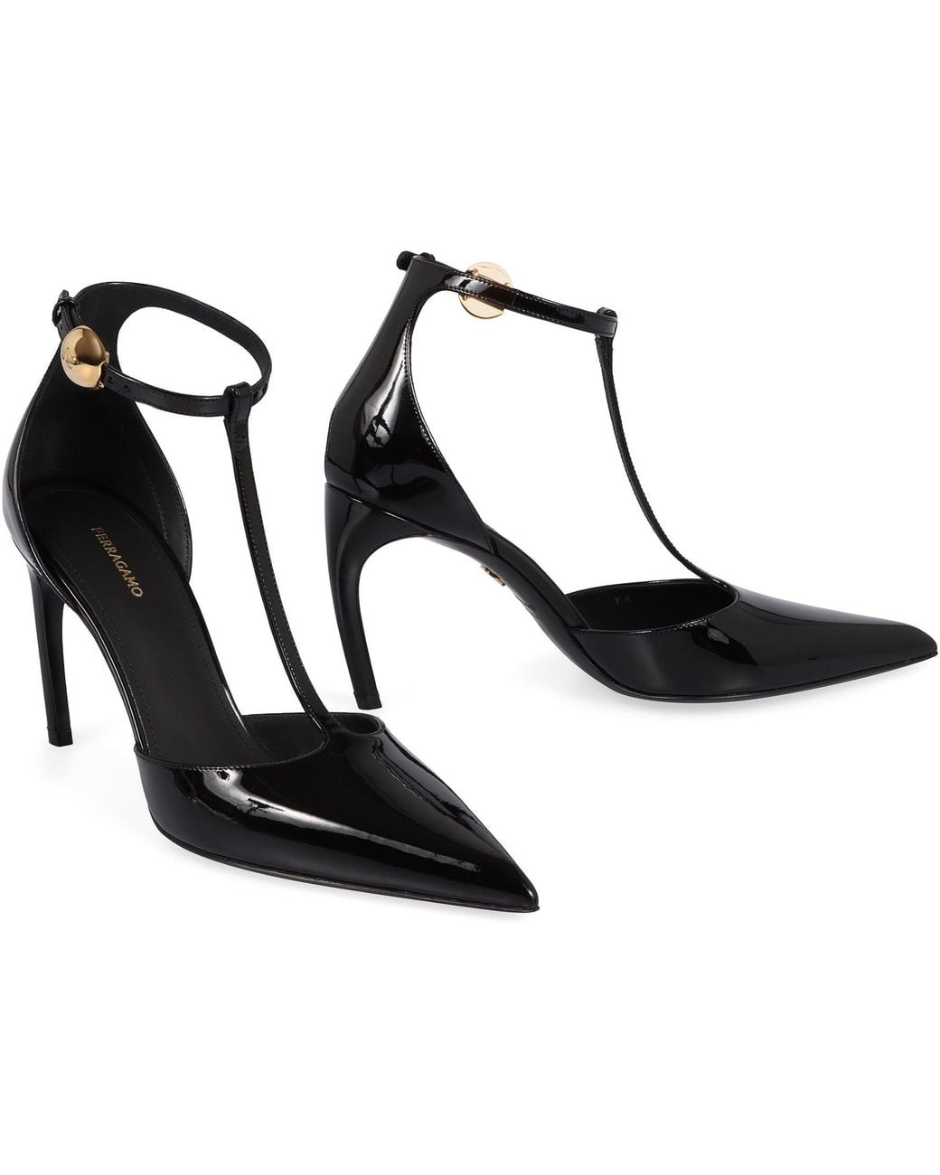 Ferragamo Black T-Strap Patent Leather Pumps