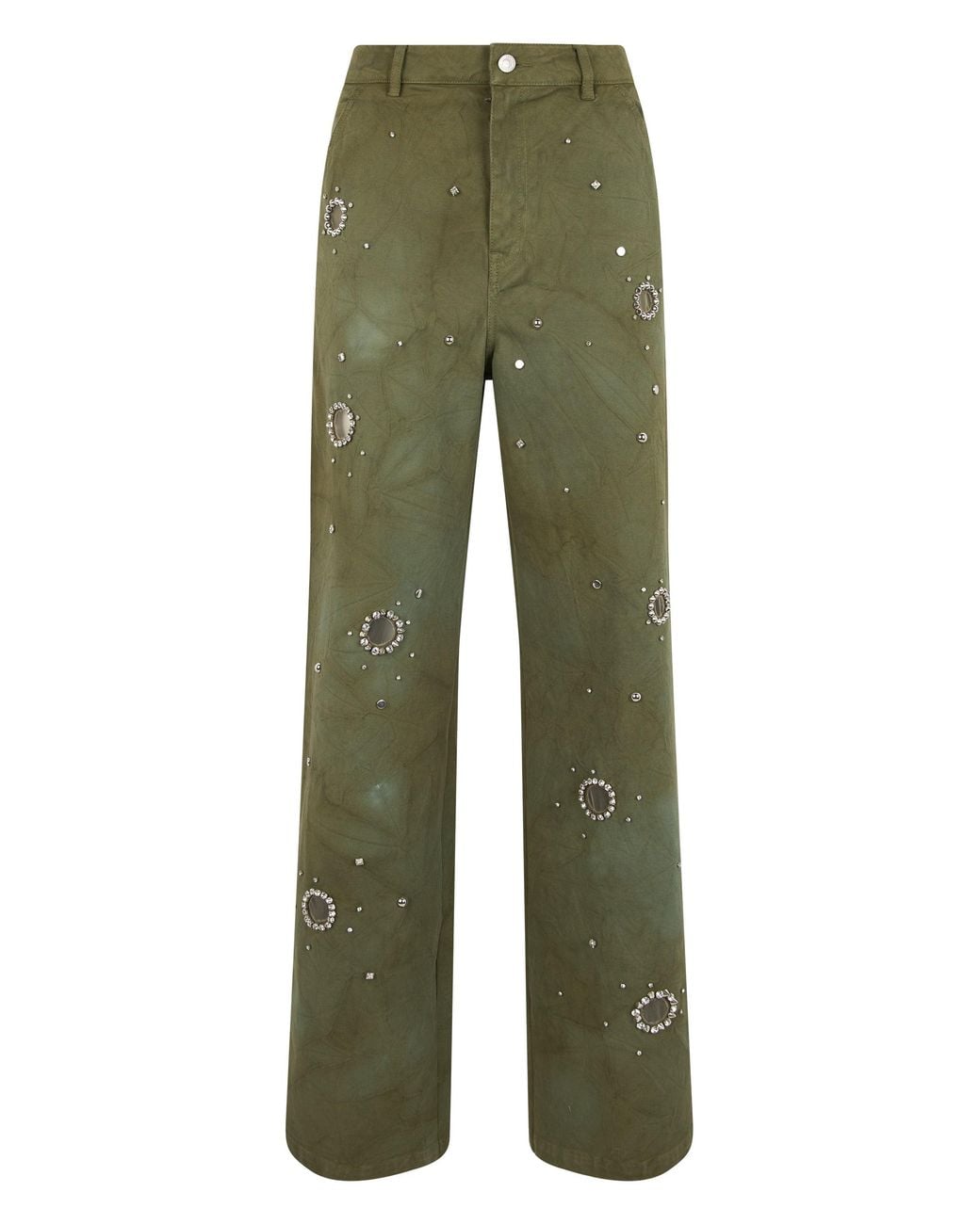 Des Phemmes Green Wide Leg Pants With Decorative Crystals