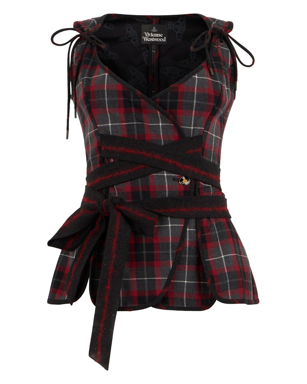 Vivienne Westwood Black Draped Tartan Asymmetrical Bandeau-Style Sleeveless Top With Side Ties