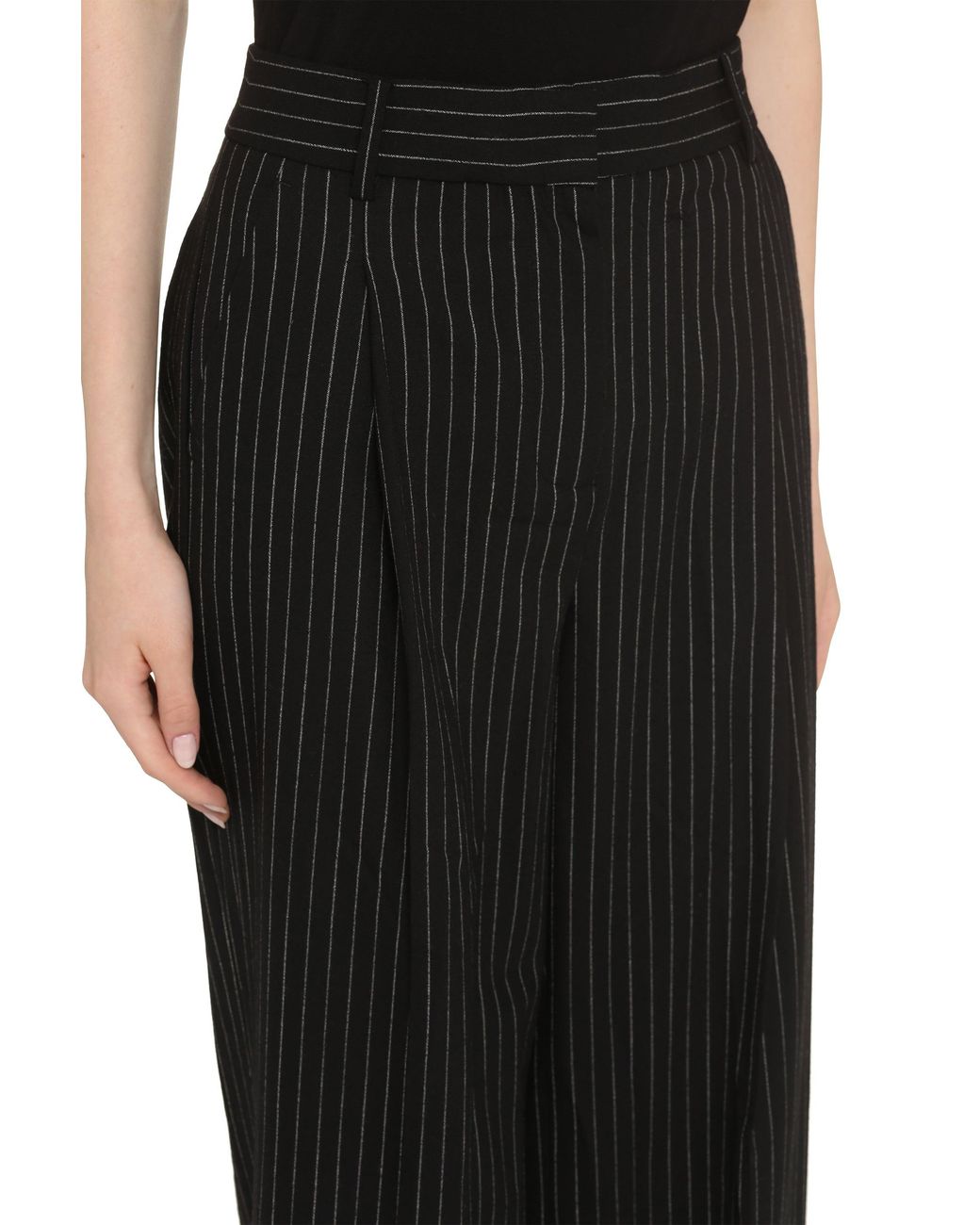 MICHAEL Michael Kors Black Wool Blend Pin-Striped Trousers Wide-Leg