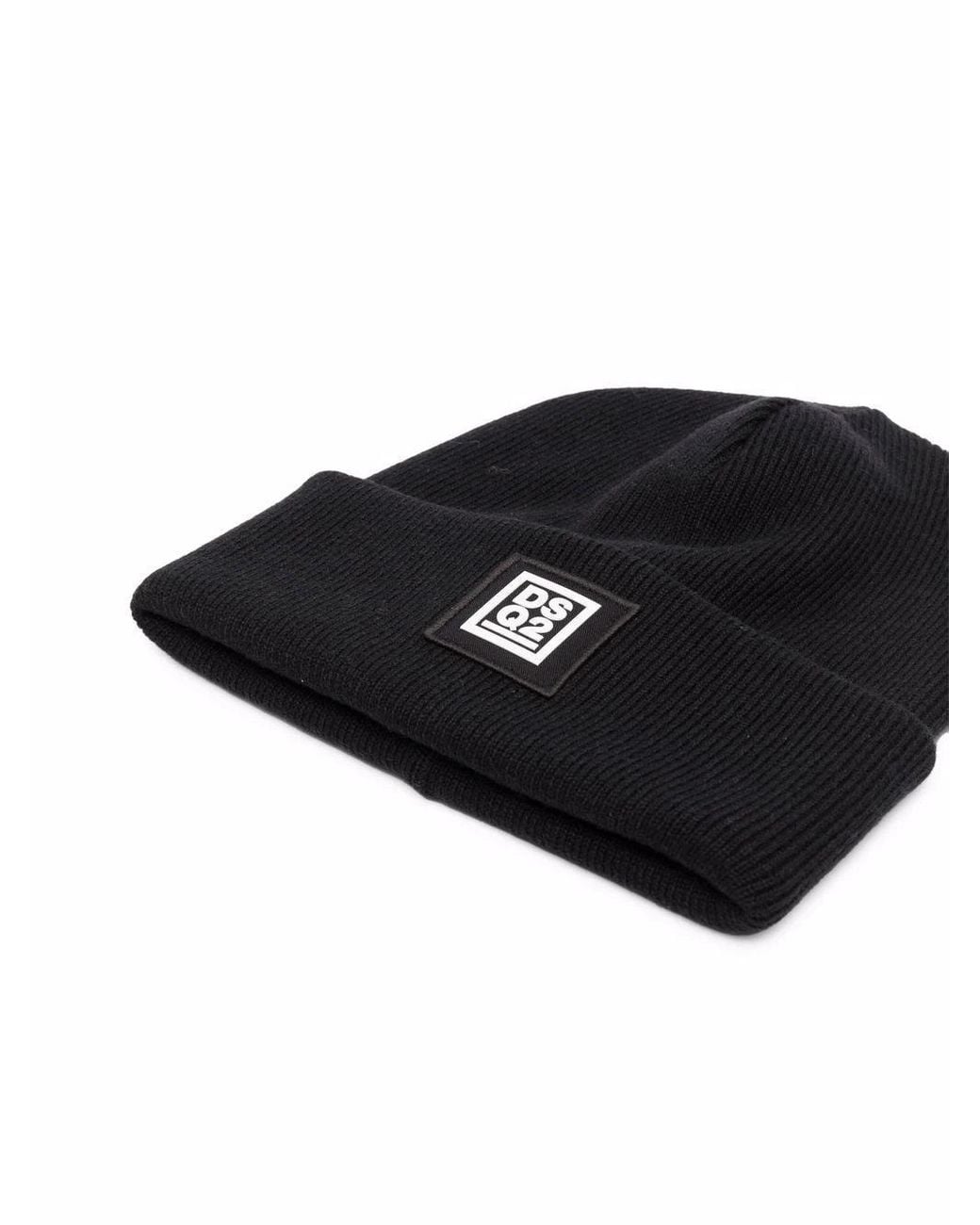 DSquared² Black Logo-Patch Beanie Hat for men