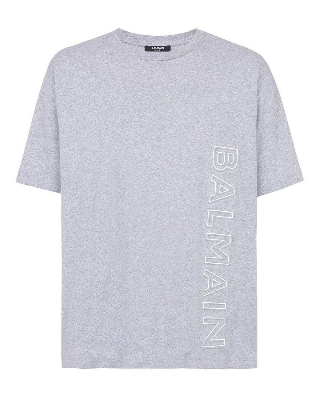 Balmain Gray Vertical Embossed Logo T-Shirt for men