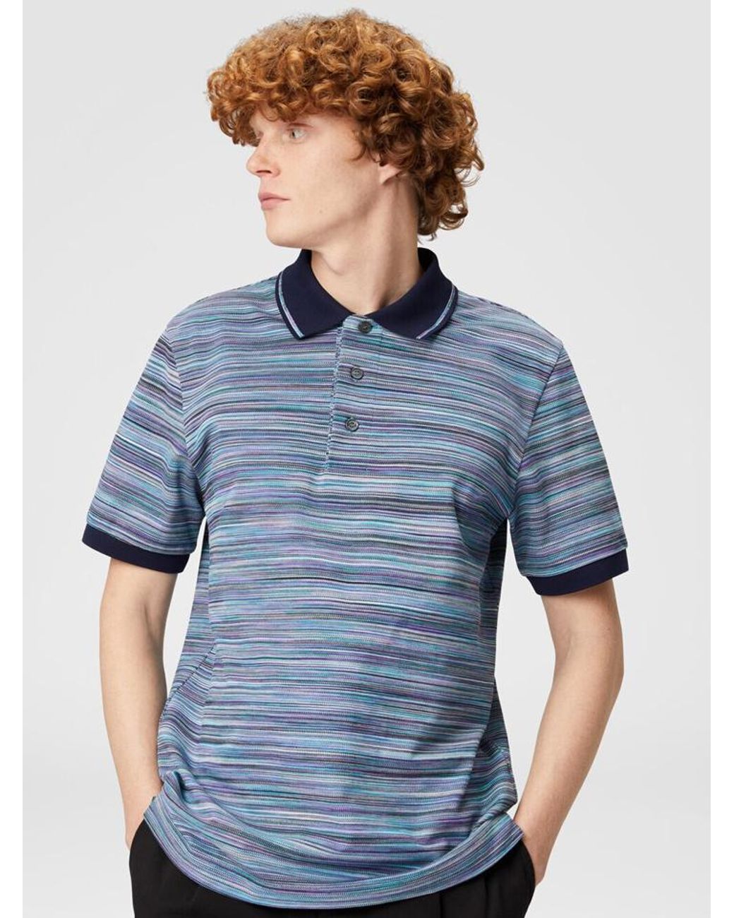 Missoni Blue Striped Slub Polo Shirt for men