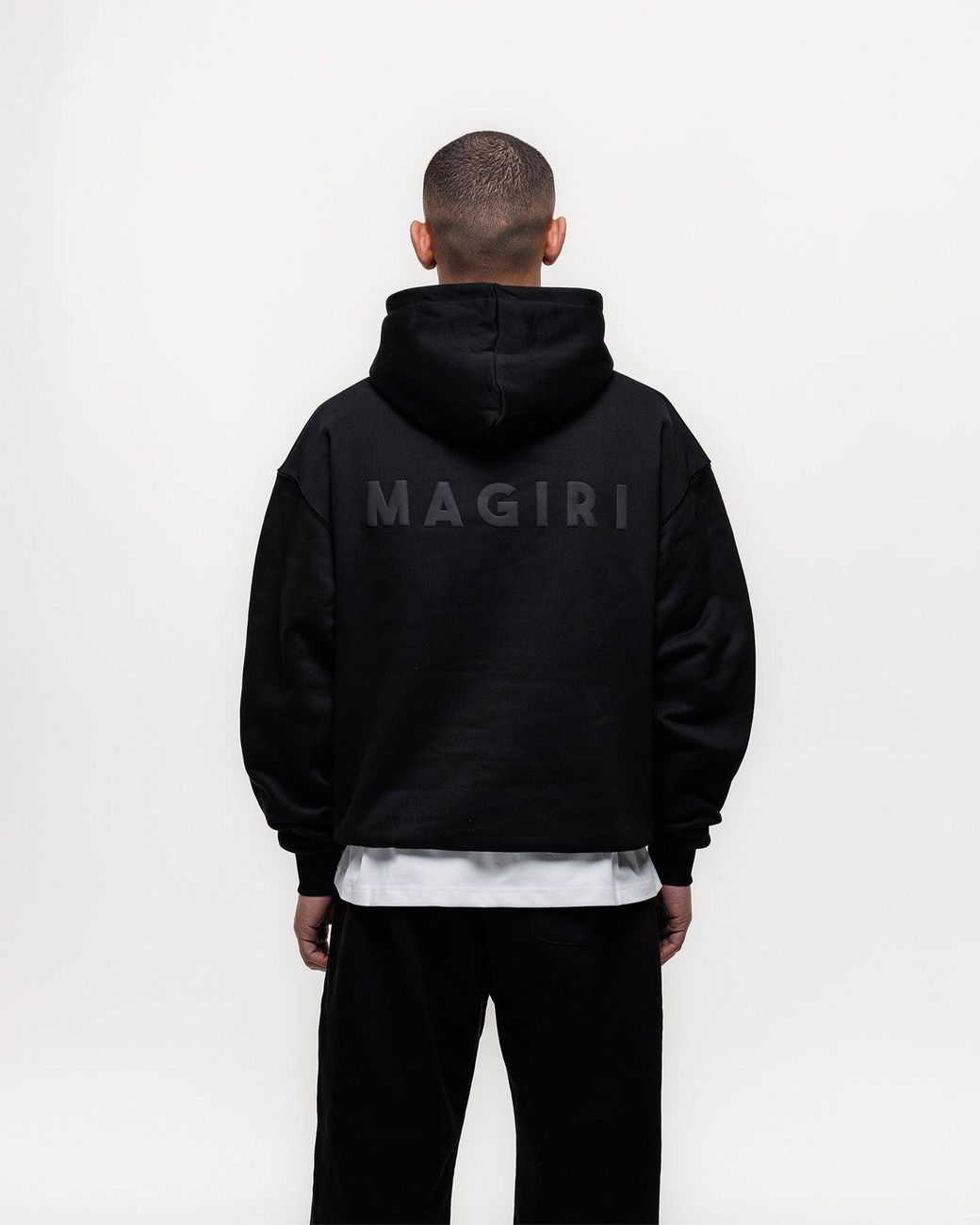 Magrit Black Core Puff Printed Hoodie for men