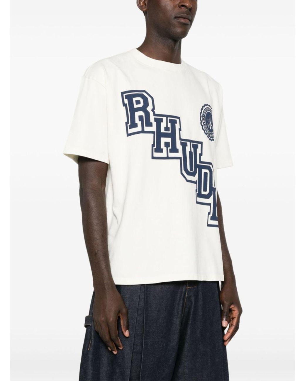 Rhude Blue Collegiate Crest Logo Printed T-Shirt for men