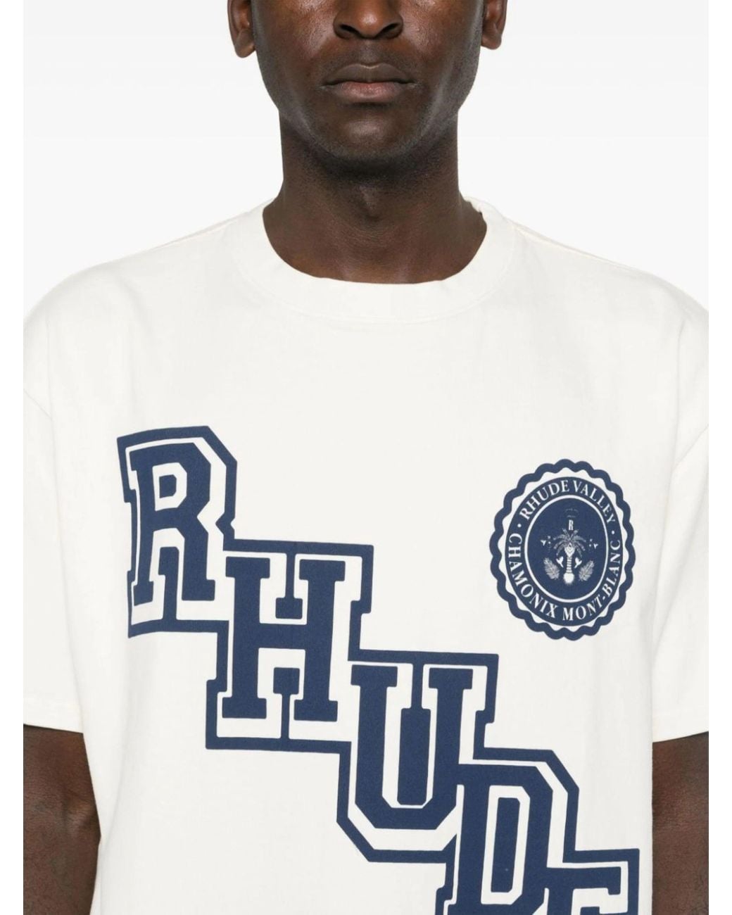 Rhude Blue Collegiate Crest Logo Printed T-Shirt for men
