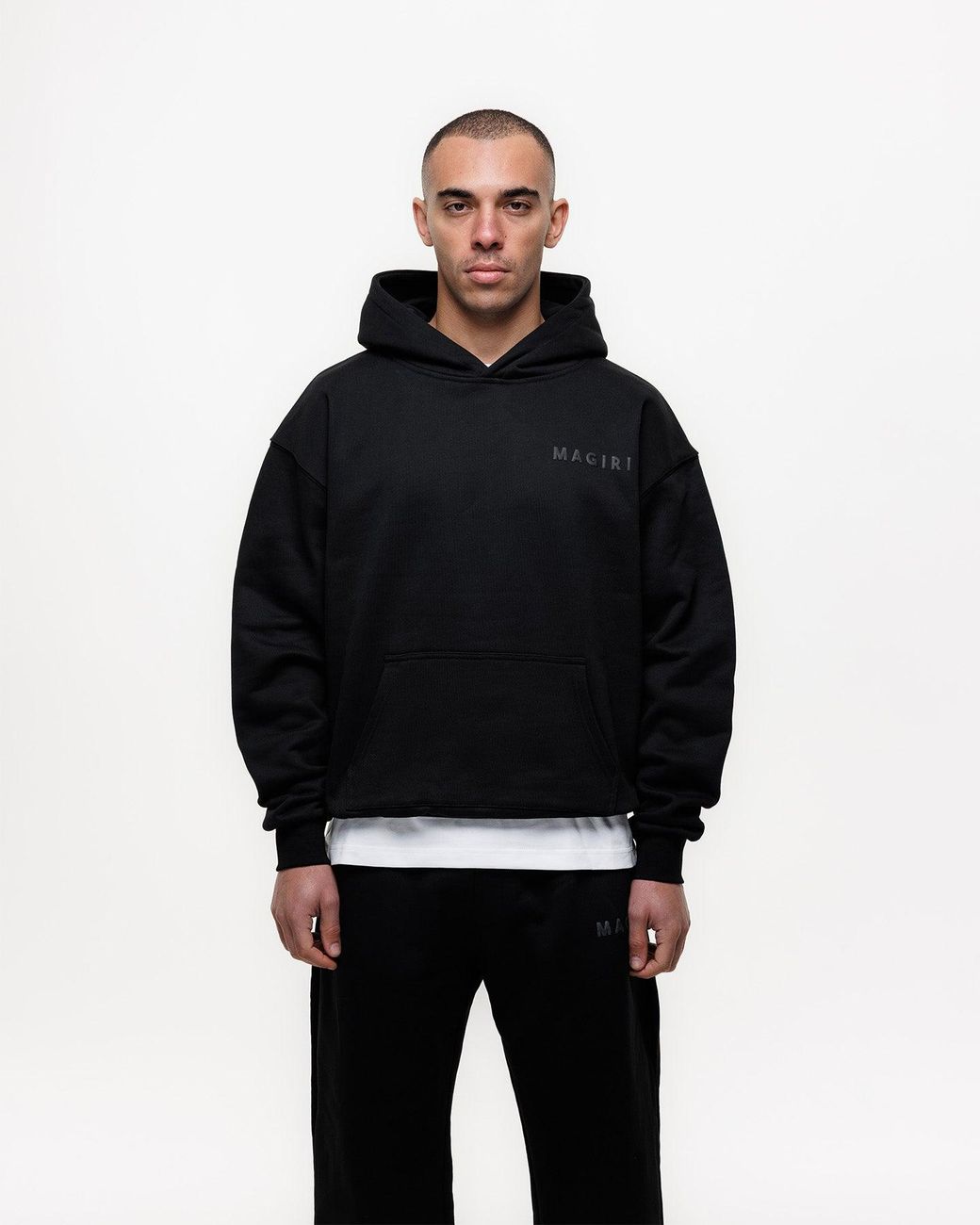 Magrit Black Core Puff Printed Hoodie for men