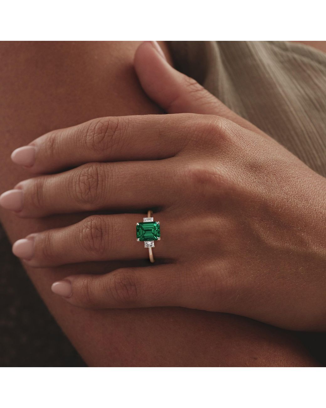 The Diamond Store Green Solene 2.50Ct Emerald Cut Lab Emerald And Lab Diamond 3 Stone Engagement Ring