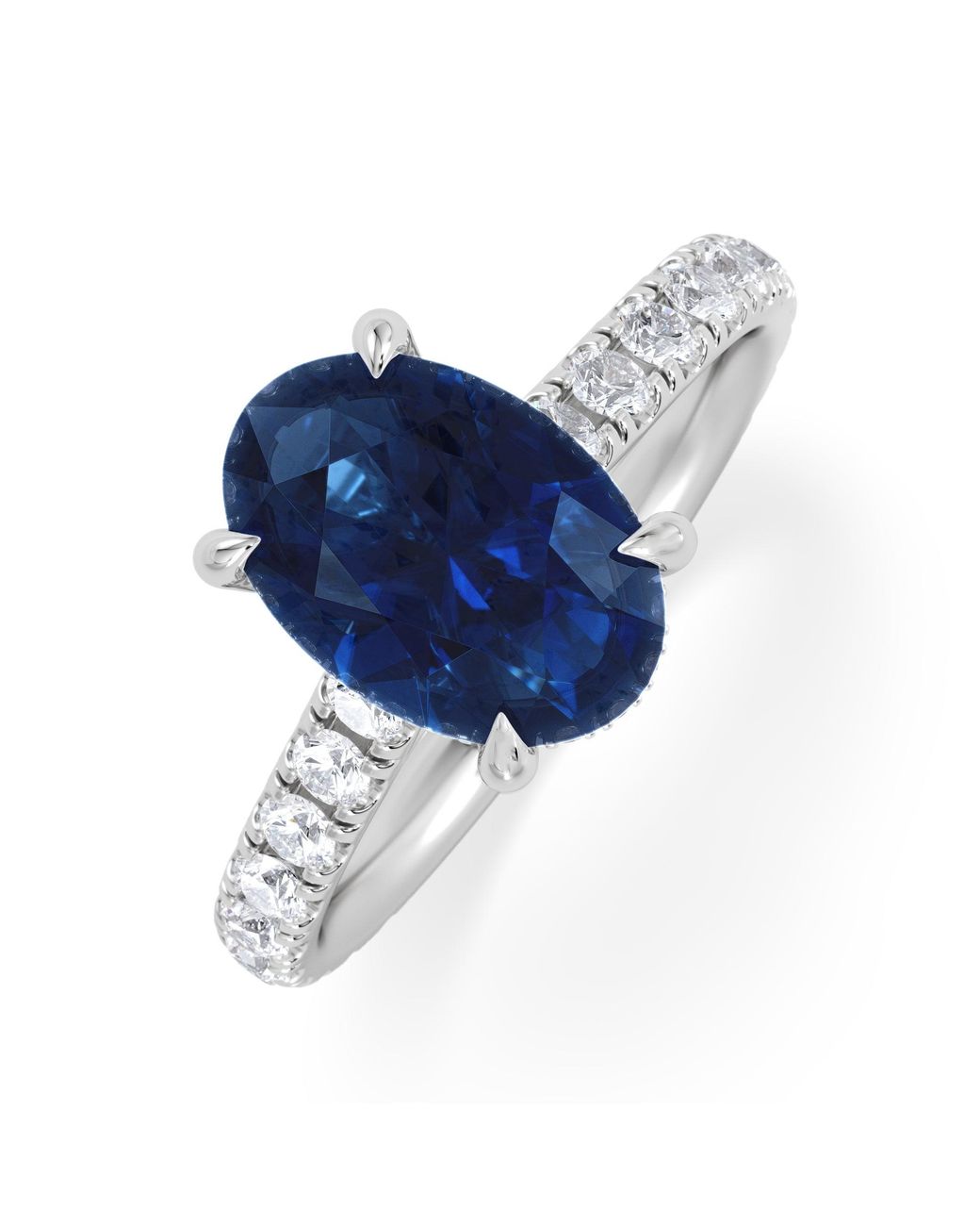 The Diamond Store Blue Amora Gem 2.00Ct Oval Cut Lab Sapphire Hidden Halo Engagement Ring With Side Stones