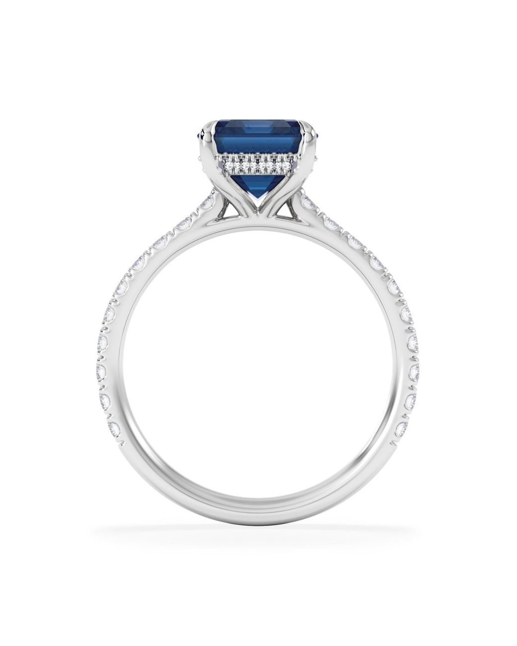 The Diamond Store Blue Amora Gem 2.50Ct Emerald Cut Lab Sapphire Hidden Halo Engagement Ring With Side Stones