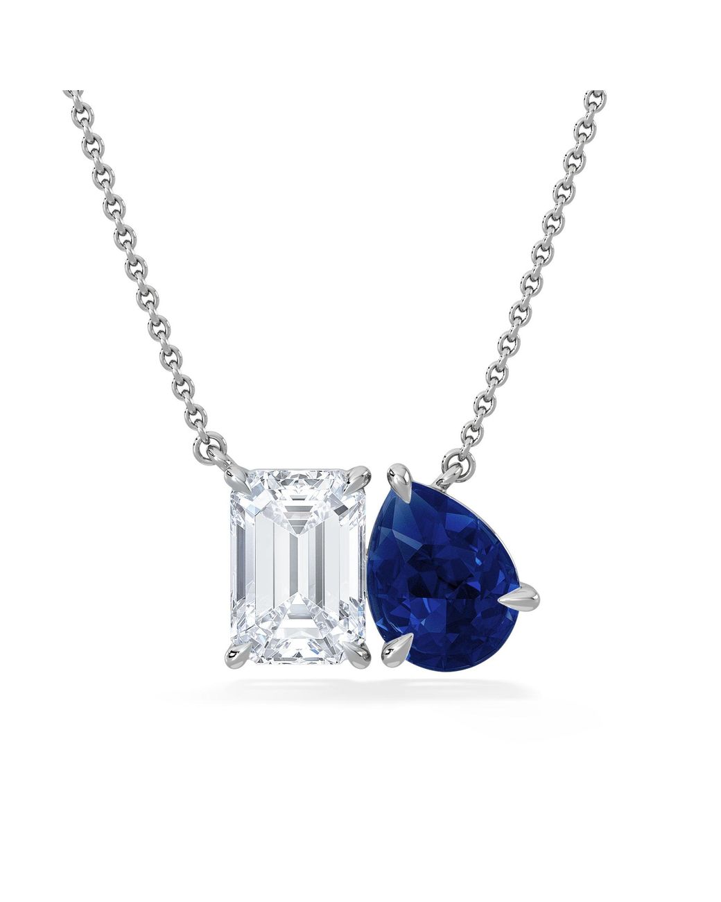 The Diamond Store Blue Toi Et Moi 1.50Ct Emerald Cut Lab Diamond And 1.30Ct Pear Lab Sapphire Necklace