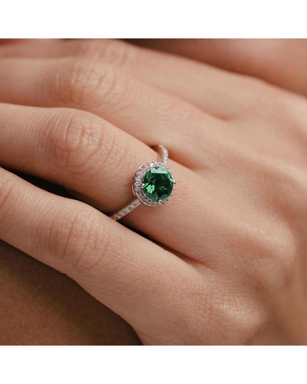 The Diamond Store Green Astra 2.50Ct Lab Emerald And Diamond Halo Shoulder Set Round Cut Ring