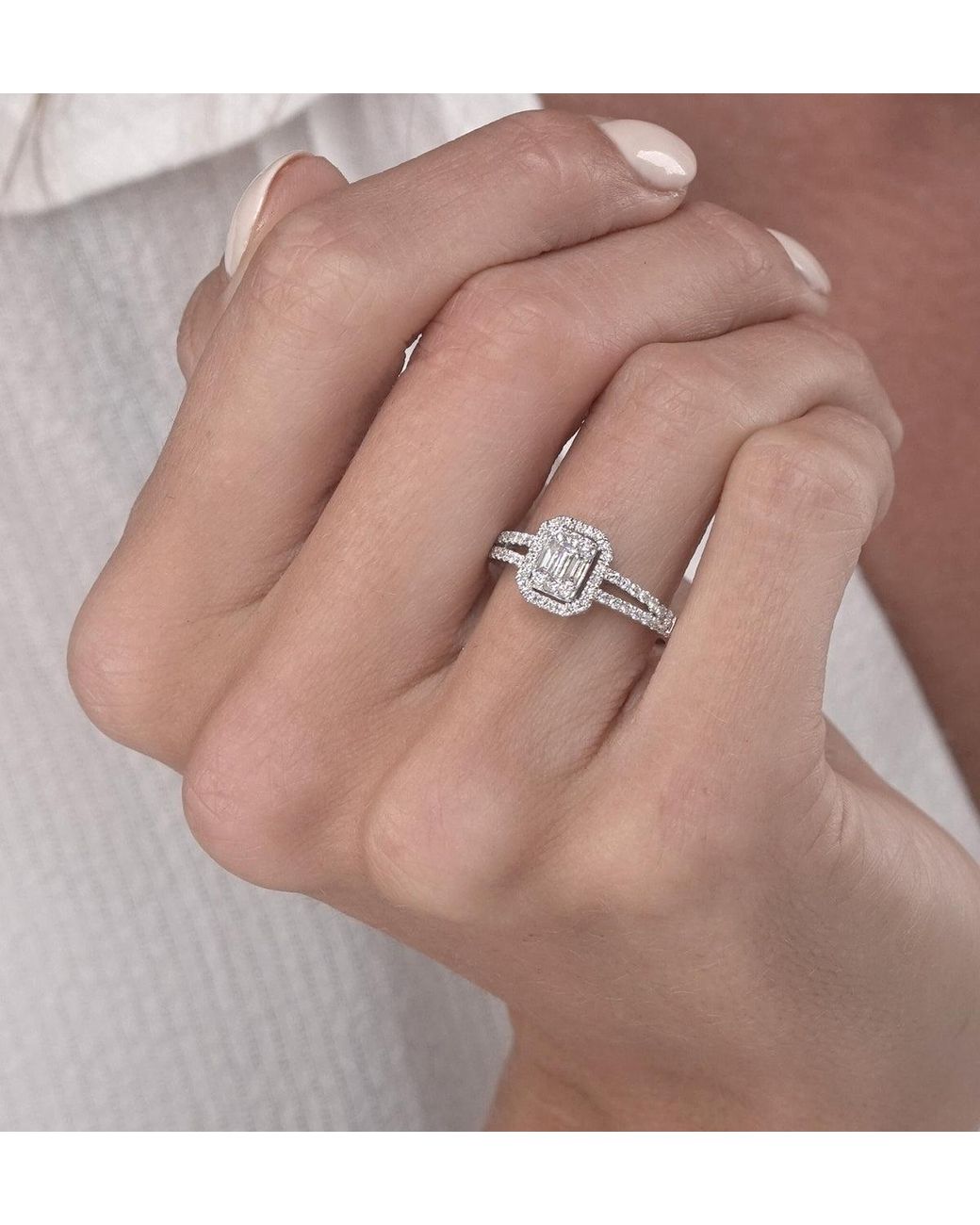 The Diamond Store Metallic 0.50Ct Halo Baguette Diamond Ring Asteria Collection