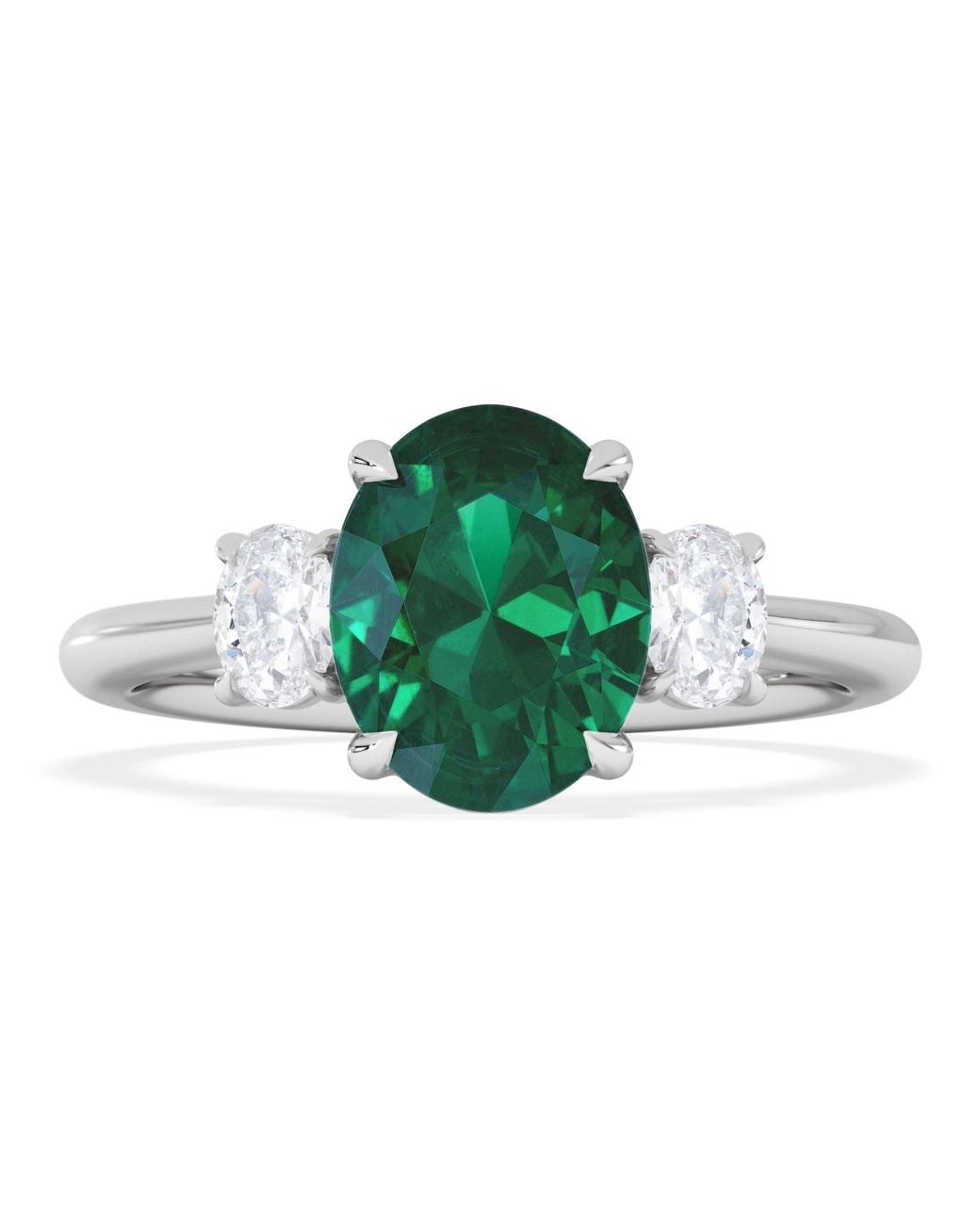 The Diamond Store Green Solene 2.00Ct Oval Cut Lab Emerald And Lab Diamond 3 Stone Engagement Ring