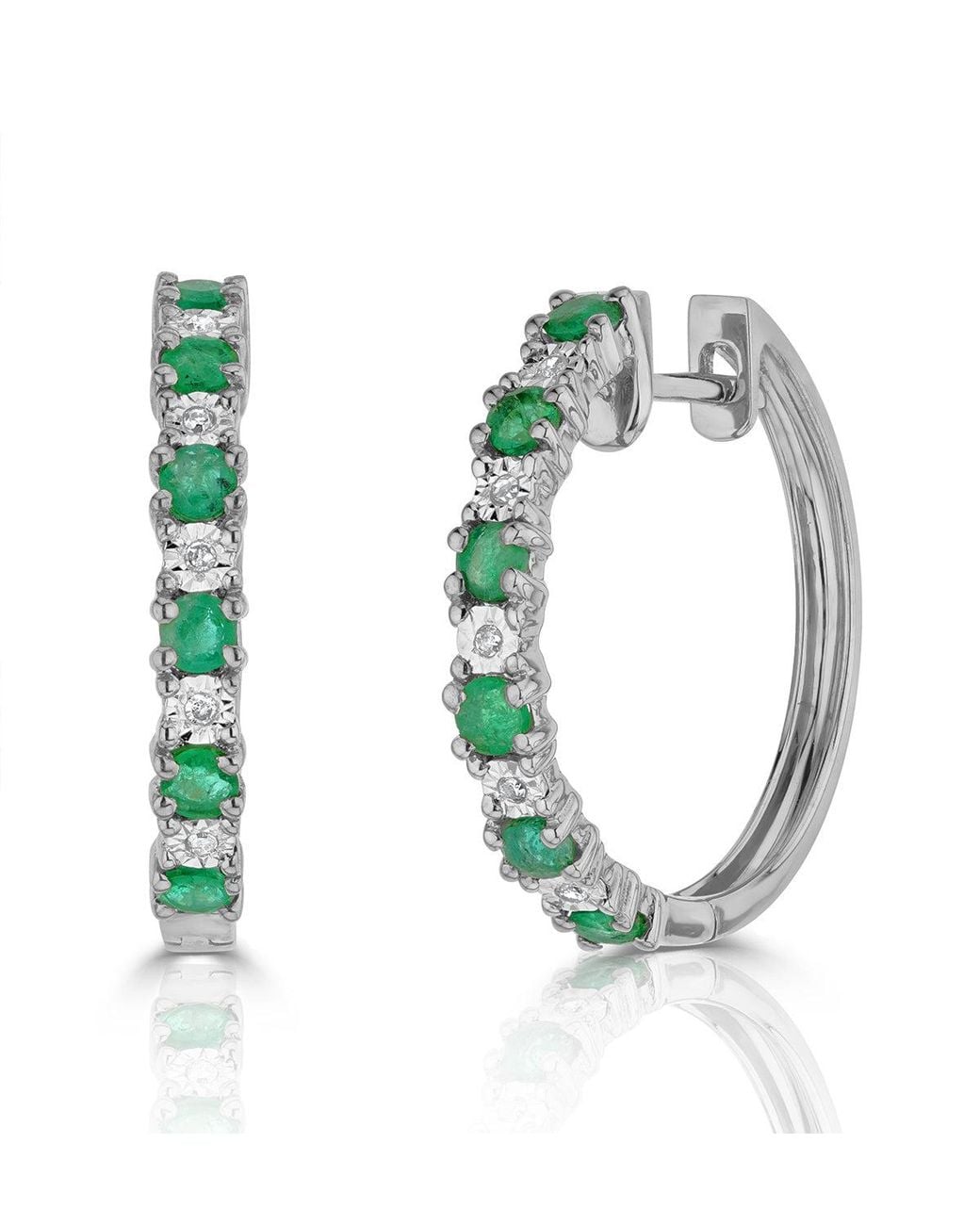 The Diamond Store Green Emerald And Lab Diamond Hoop Earrings Stellato Collection 925