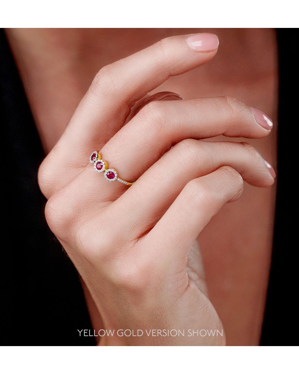 The Diamond Store Metallic Ruby And Lab Diamond Halo Trilogy Ring 9K
