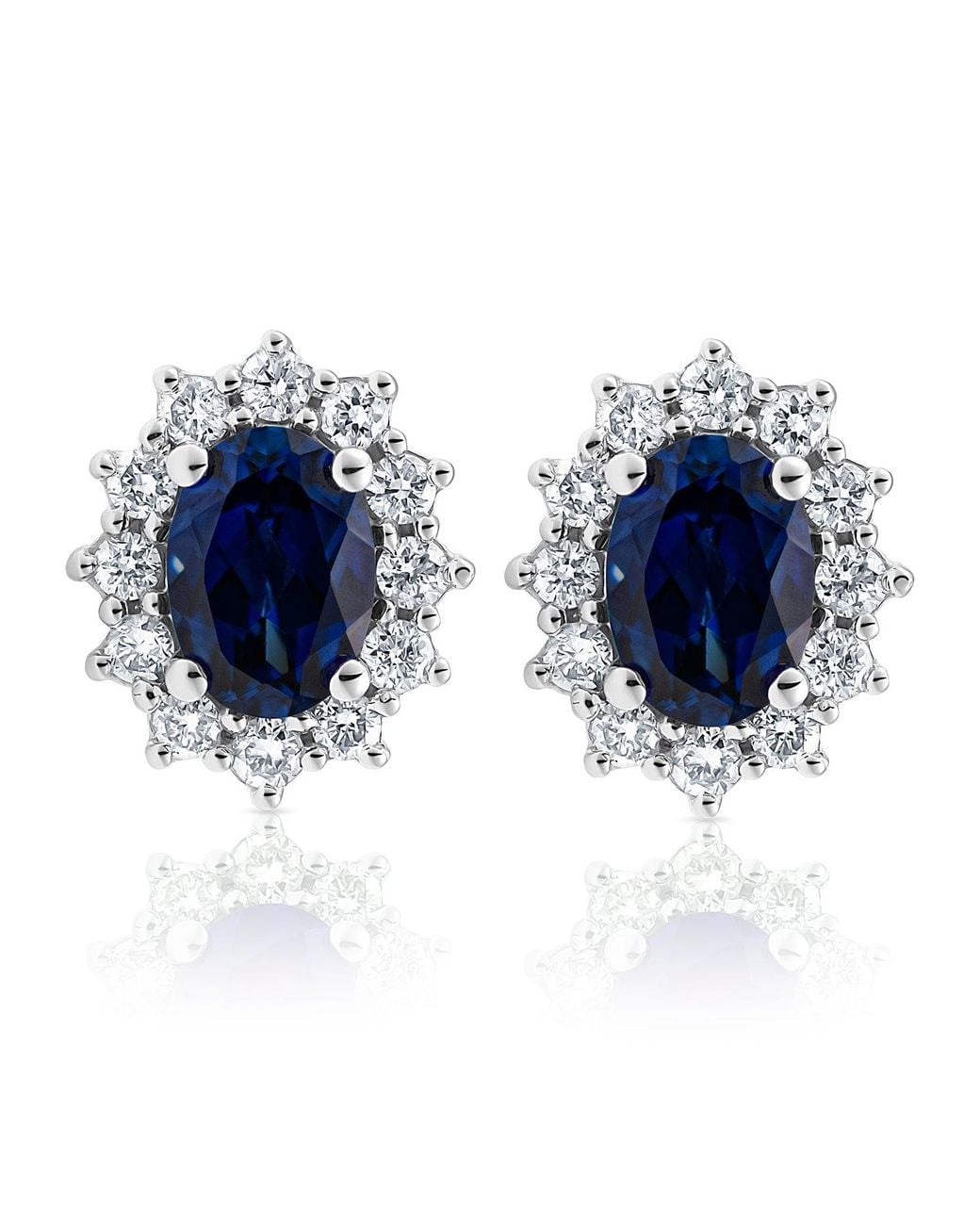 The Diamond Store Blue Lab Sapphire 7 X 5Mm And Lab Diamond Cluster Earrings