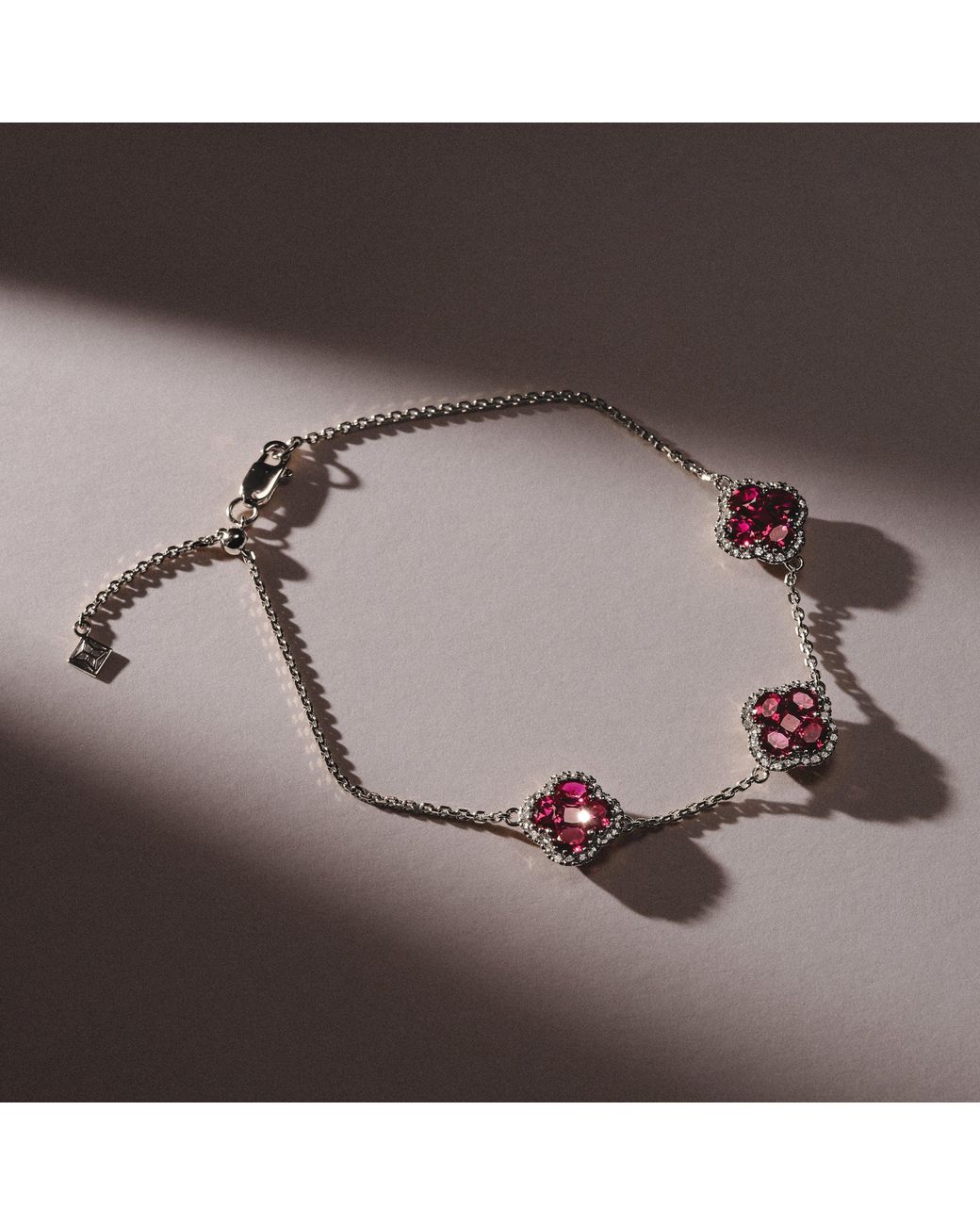 The Diamond Store Red Alegria 2.70Ct Lab Ruby 3 Clover Halo Bracelet