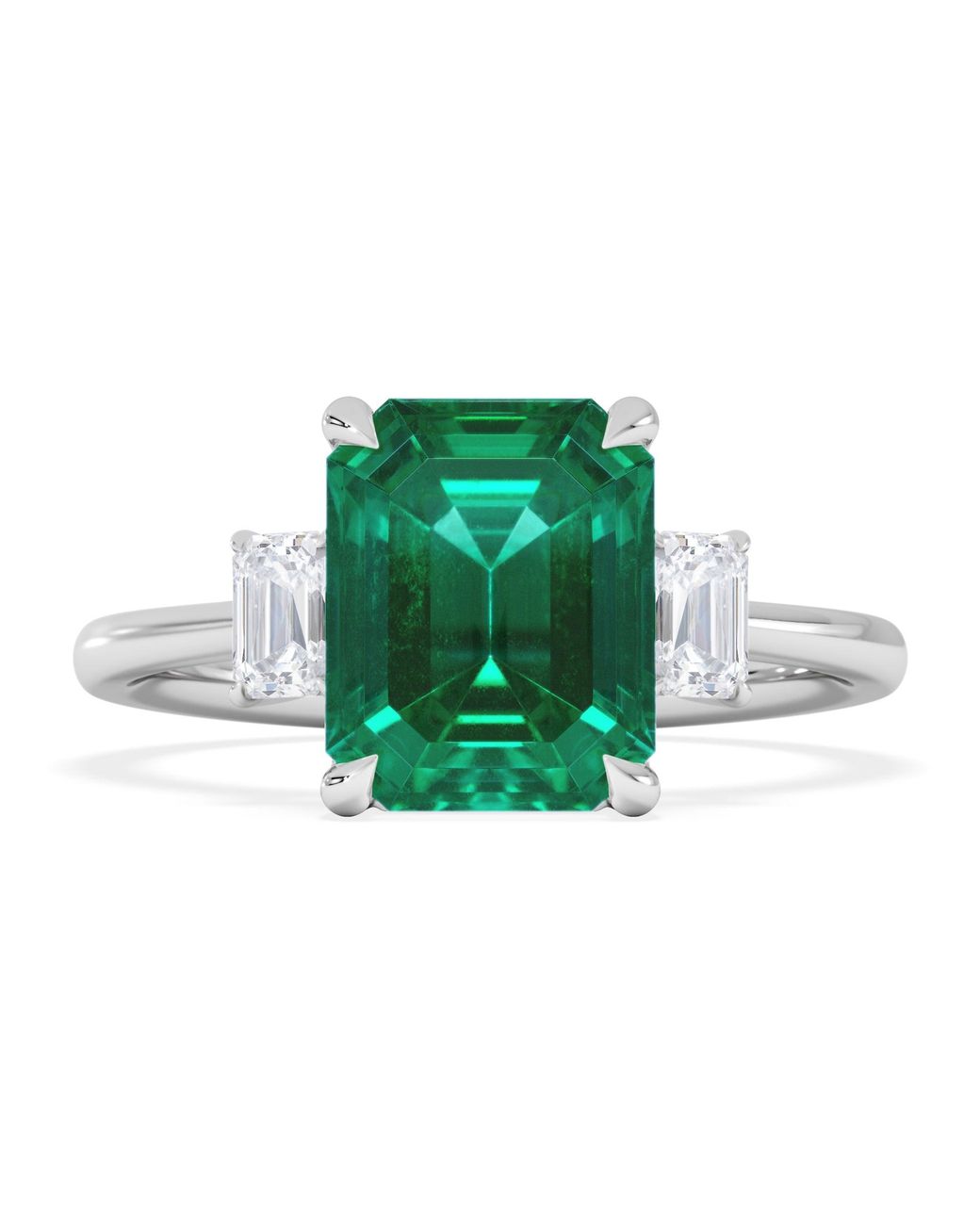 The Diamond Store Green Solene 2.50Ct Emerald Cut Lab Emerald And Lab Diamond 3 Stone Engagement Ring