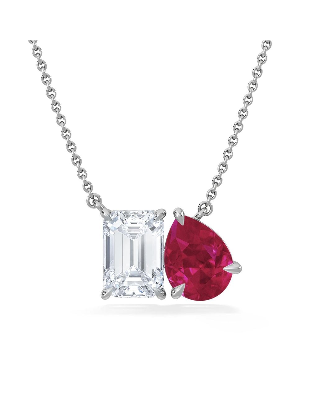 The Diamond Store Pink Toi Et Moi 1.50Ct Emerald Cut Lab Diamond And 1.30Ct Pear Lab Ruby Necklace