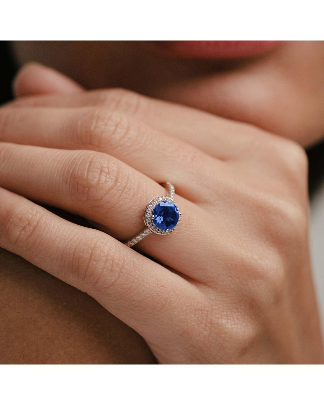 The Diamond Store Blue Astra 3.60Ct Lab Sapphire And Diamond Halo Shoulder Set Round Cut Ring
