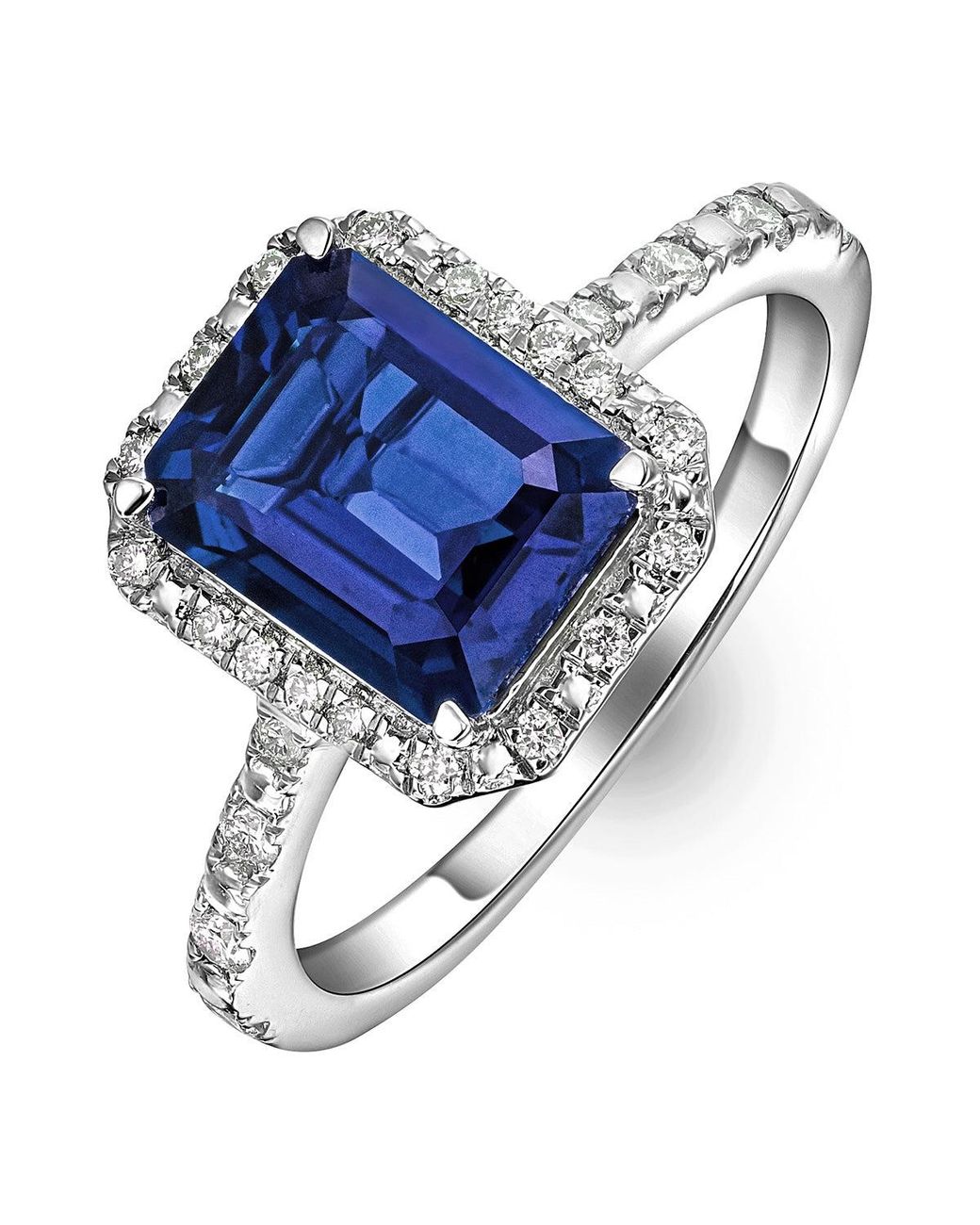The Diamond Store Blue Astra 1.90Ct Lab Sapphire Halo Shoulder Set Octagon Cut Ring