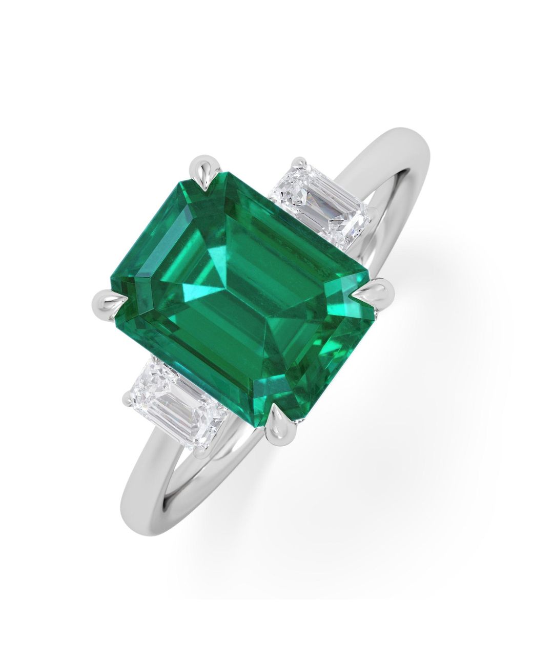 The Diamond Store Green Solene 2.50Ct Emerald Cut Lab Emerald And Lab Diamond 3 Stone Engagement Ring