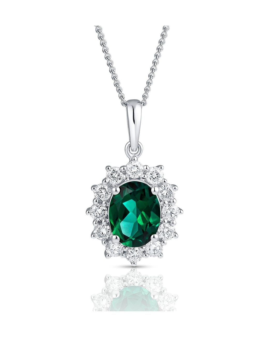 The Diamond Store White Lab Emerald 9X7Mm And Lab Diamond Cluster Necklace Pendant 18K