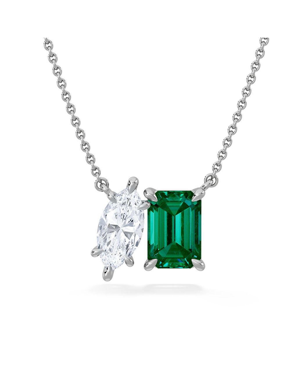 The Diamond Store White Toi Et Moi 1.50Ct Marquise Lab Diamond And 2.50Ct Emerald Cut Lab Emerald Necklace