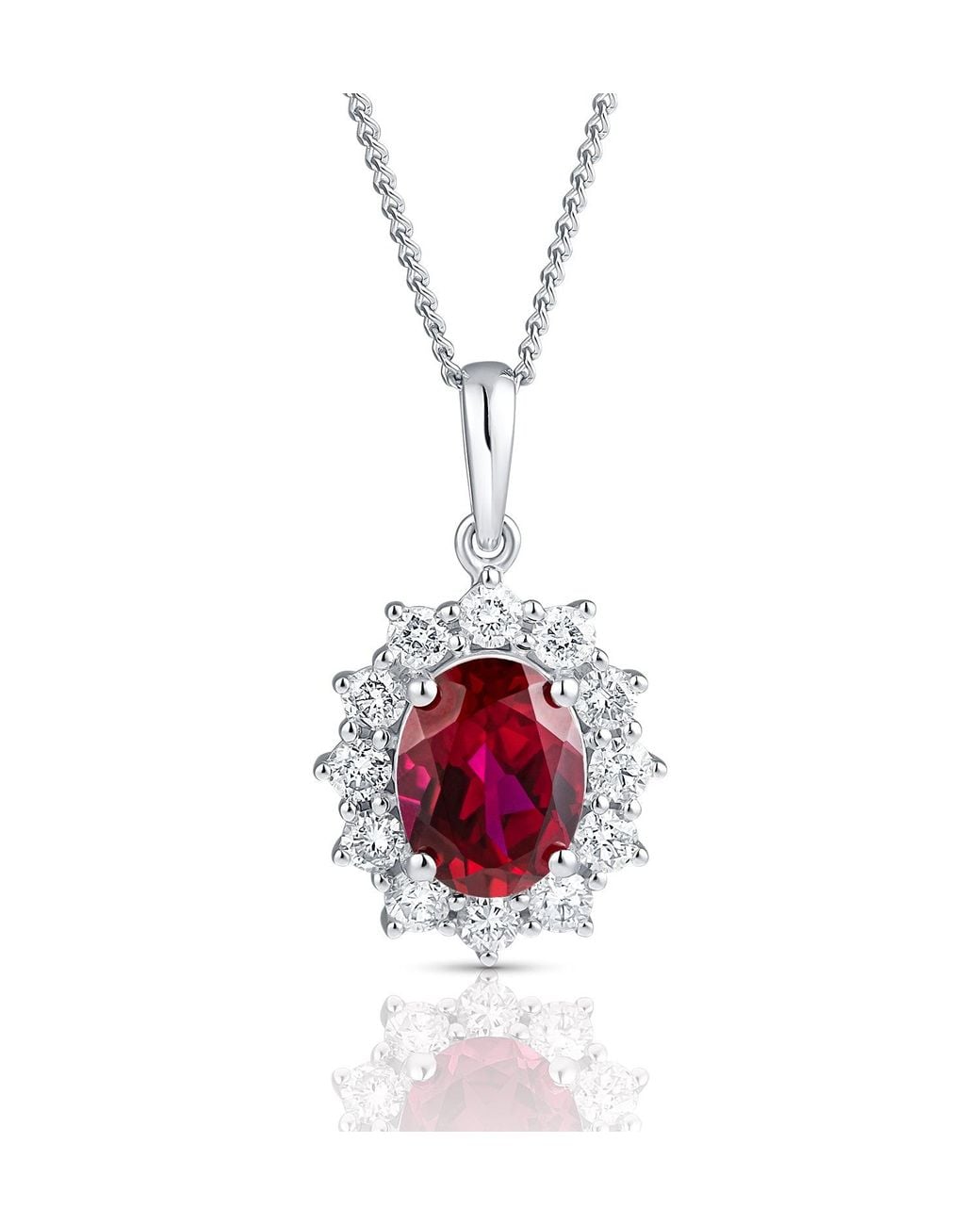 The Diamond Store Red Lab Ruby 9X7Mm And Lab Diamond Cluster Necklace Pendant