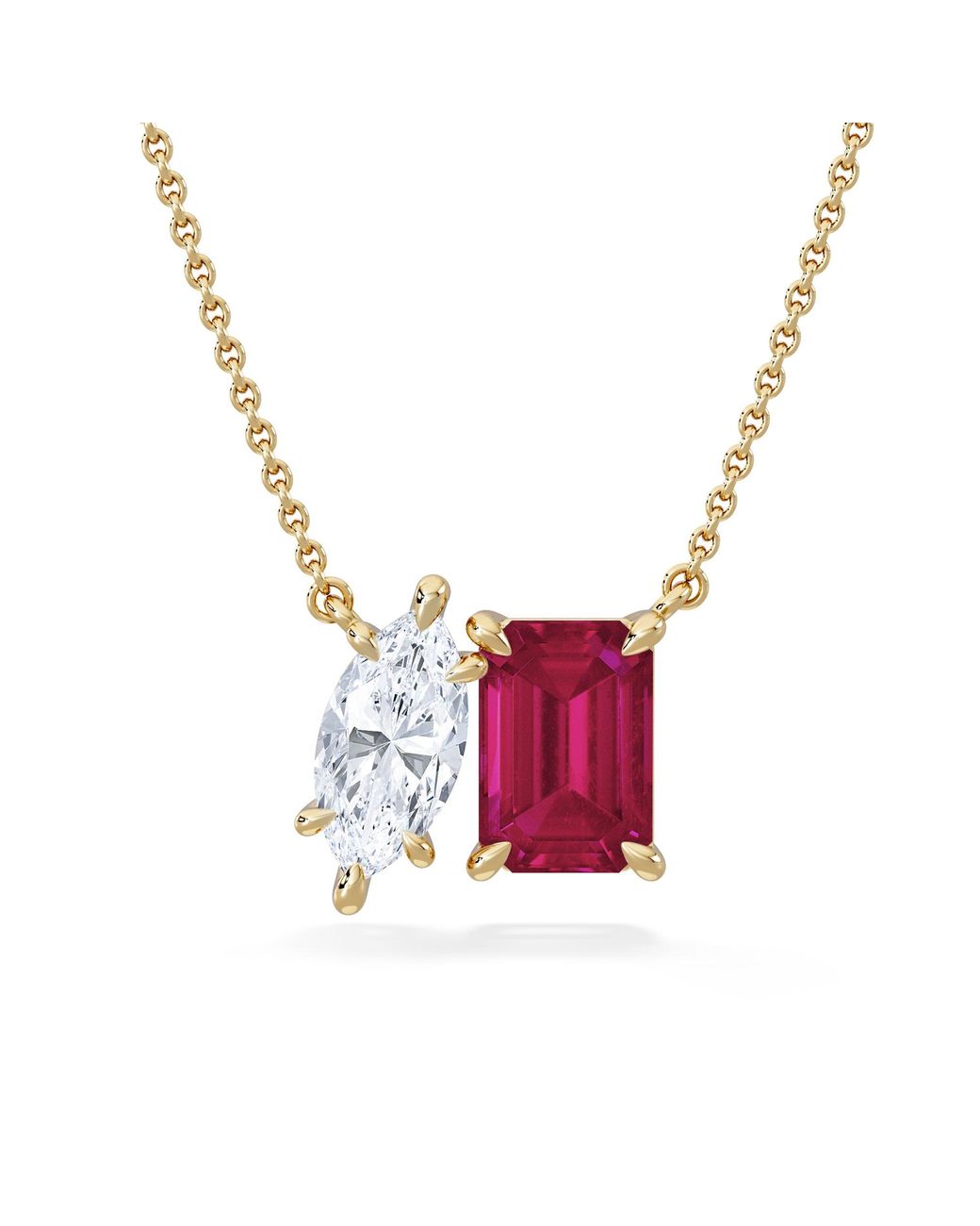 The Diamond Store Red Toi Et Moi 1.50Ct Marquise Lab Diamond And 2.50Ct Emerald Cut Lab Ruby Necklace