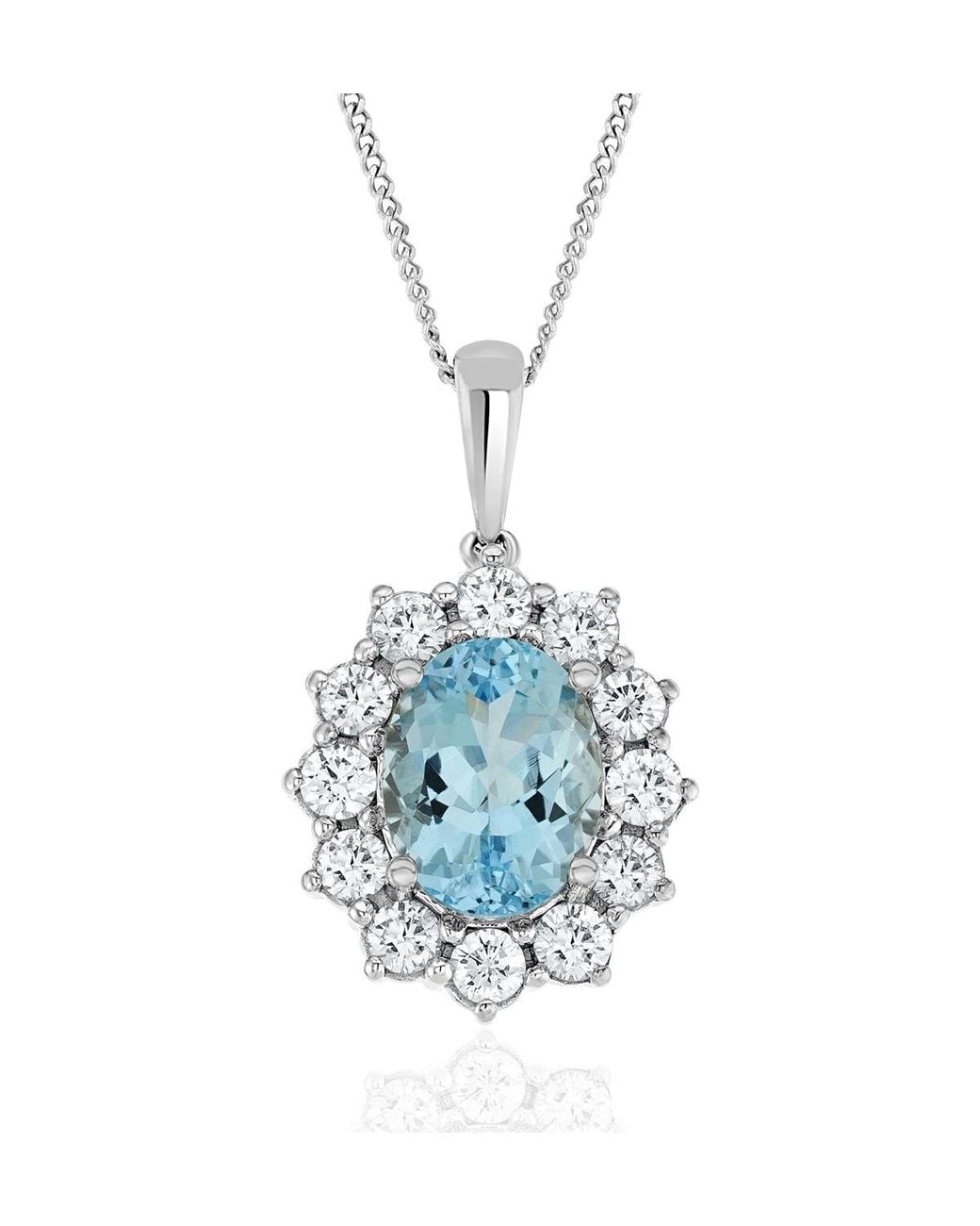 The Diamond Store Blue Aquamarine And Diamond Cluster Necklace Pendant 9X7Mm 18K