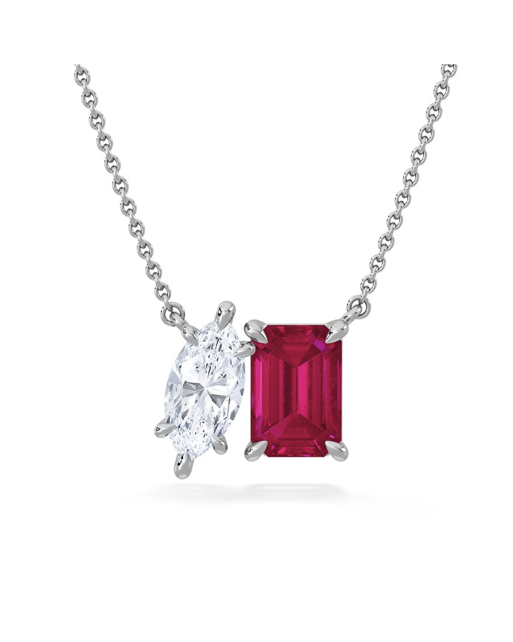 The Diamond Store Metallic Toi Et Moi 1.50Ct Marquise Lab Diamond And 2.50Ct Emerald Cut Lab Ruby Necklace