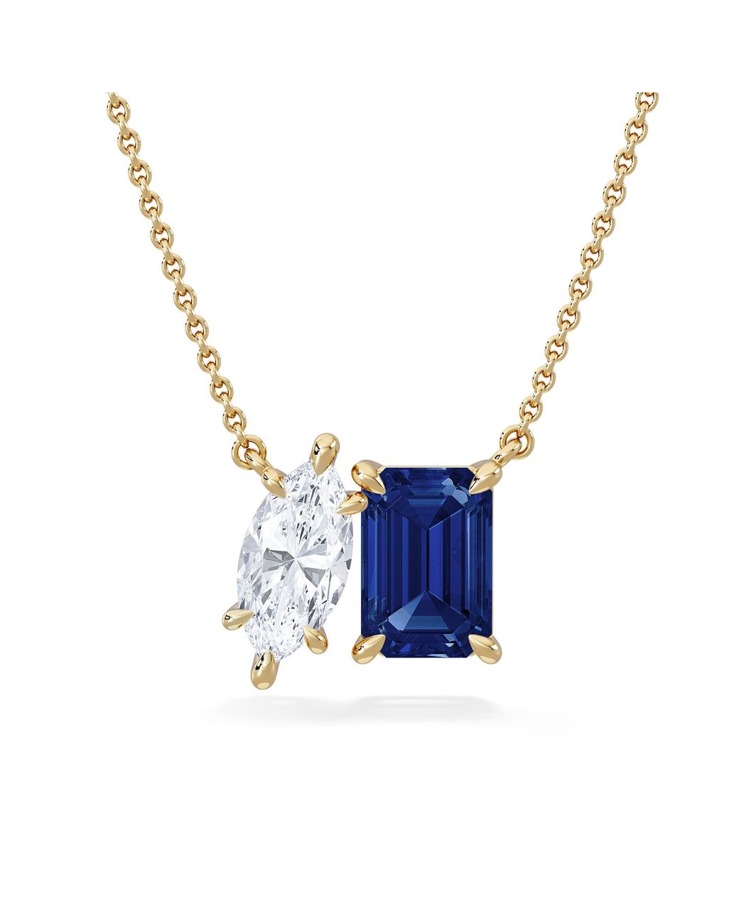 The Diamond Store Blue Toi Et Moi 1.50Ct Marquise Lab Diamond And 2.50Ct Emerald Cut Lab Sapphire Necklace