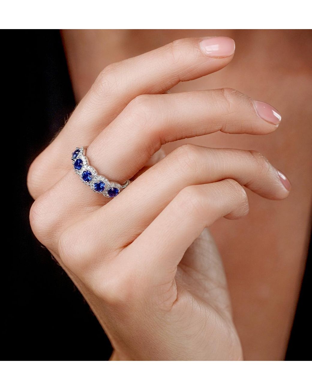 The Diamond Store Blue Sapphire And Diamond Halo 5 Stone Asteria Ring