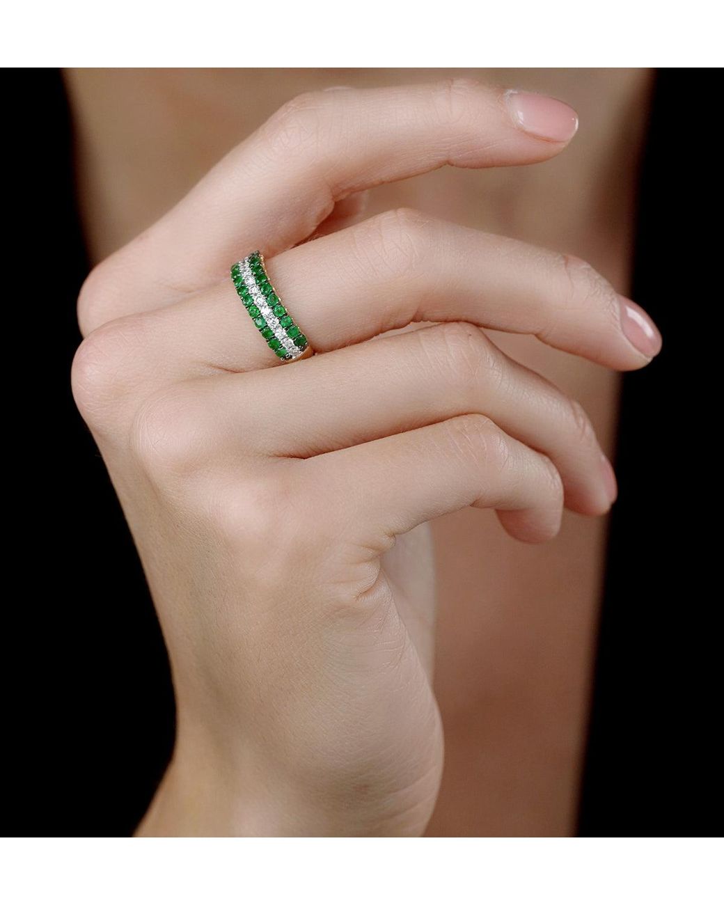 The Diamond Store Green Emerald And Diamond Triple Row Asteria Eternity Ring