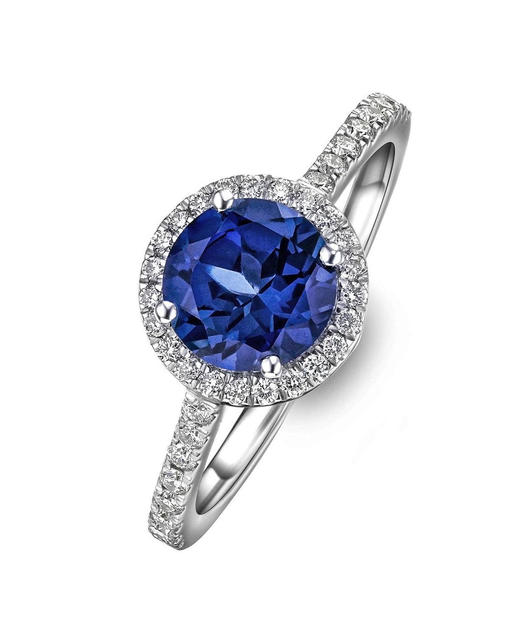 The Diamond Store Blue Astra 3.60Ct Lab Sapphire And Diamond Halo Shoulder Set Round Cut Ring