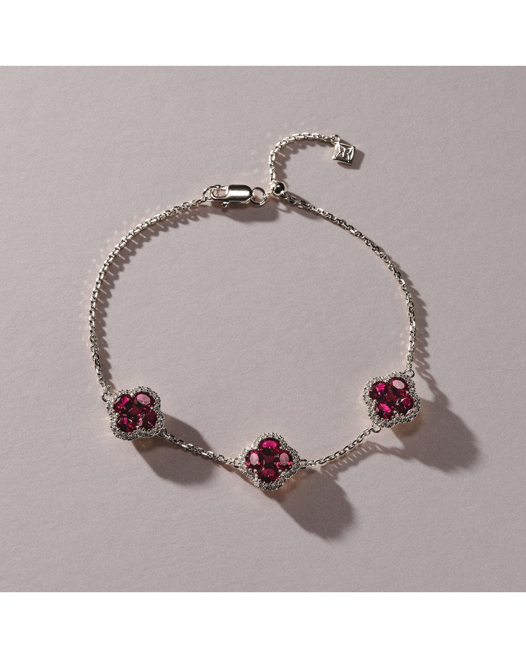 The Diamond Store Red Alegria 2.70Ct Lab Ruby 3 Clover Halo Bracelet