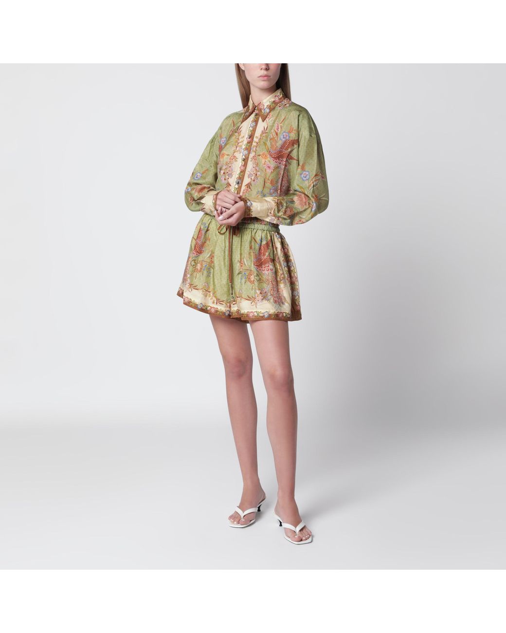 Zimmermann Yellow Khaki Floral Silk Indra Relaxed Shorts