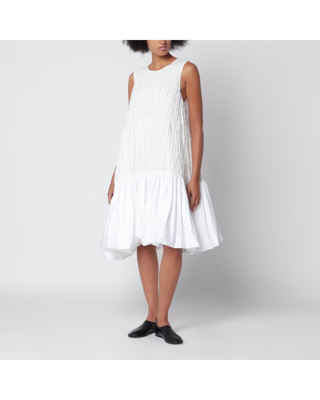 Cordera White Crinkle-Effect Balloon Midi Dress With Wide Straps