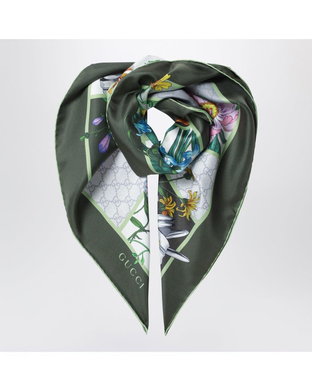 Gucci Green Silk Twill Scarf With Flora Print