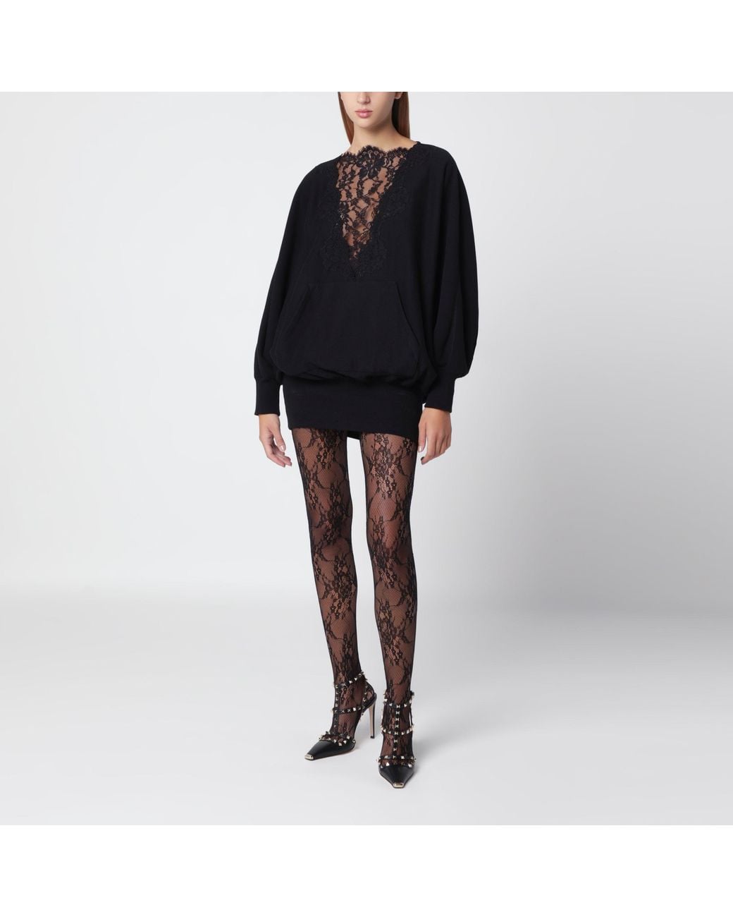 Valentino Black Sweatshirt-Style Mini Dress With Lace Inserts