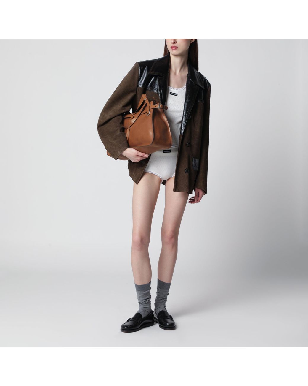 Miu Miu Brown Calfskin Crossbody Bag With Embossed Logo