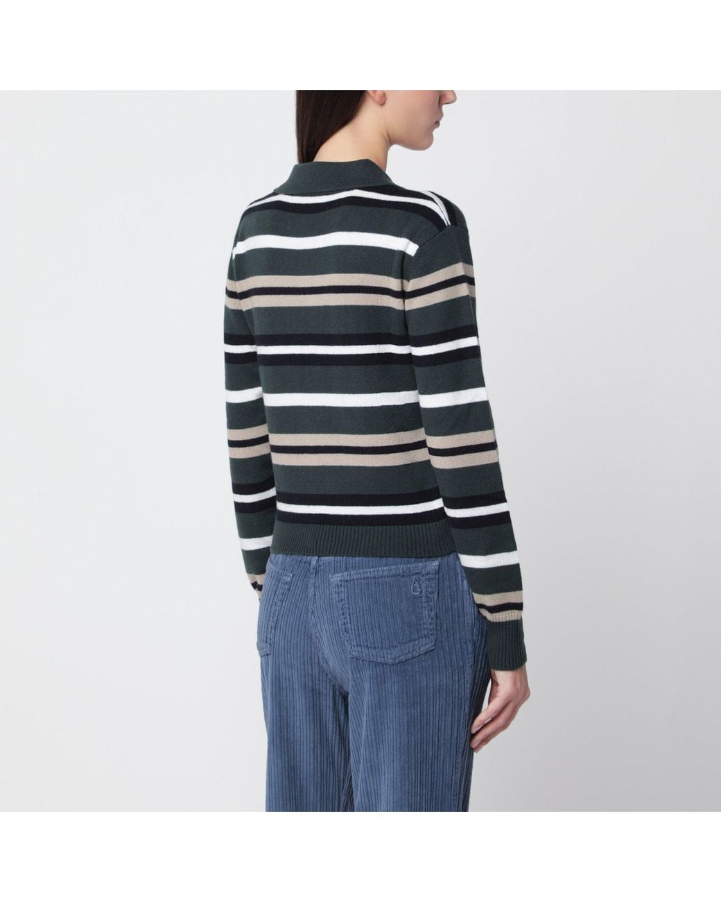 Alexandra Golovanoff Black Anna Stripes Light Sapin 21 Cashmere Polo Shirt