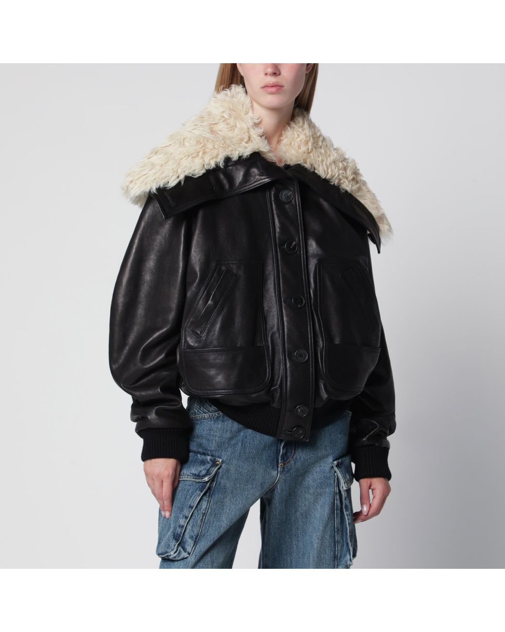 The Attico Black Leather Bomber Jacket With Shearling Collar
