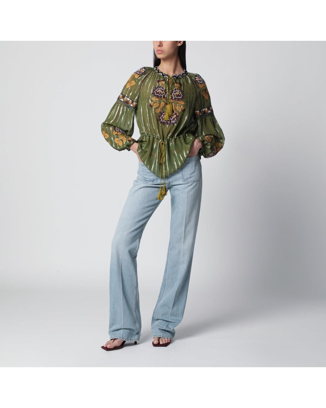 Valentino Green Embroidered Lurex Silk Shirt Camou