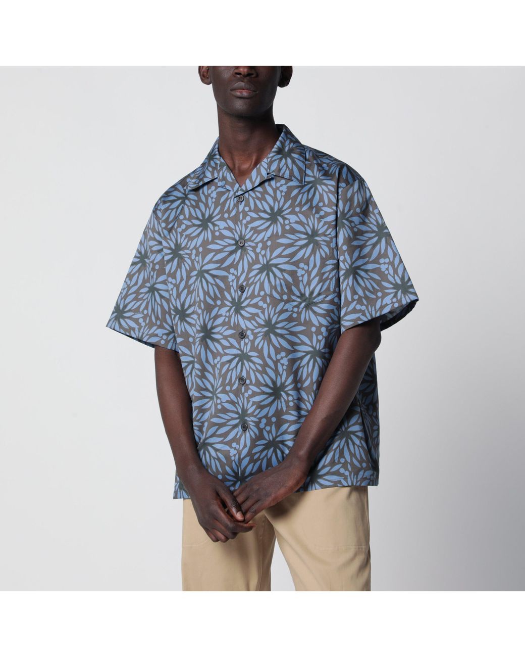 Prada Blue Hematite/ Floral Print Bowling Shirt for men