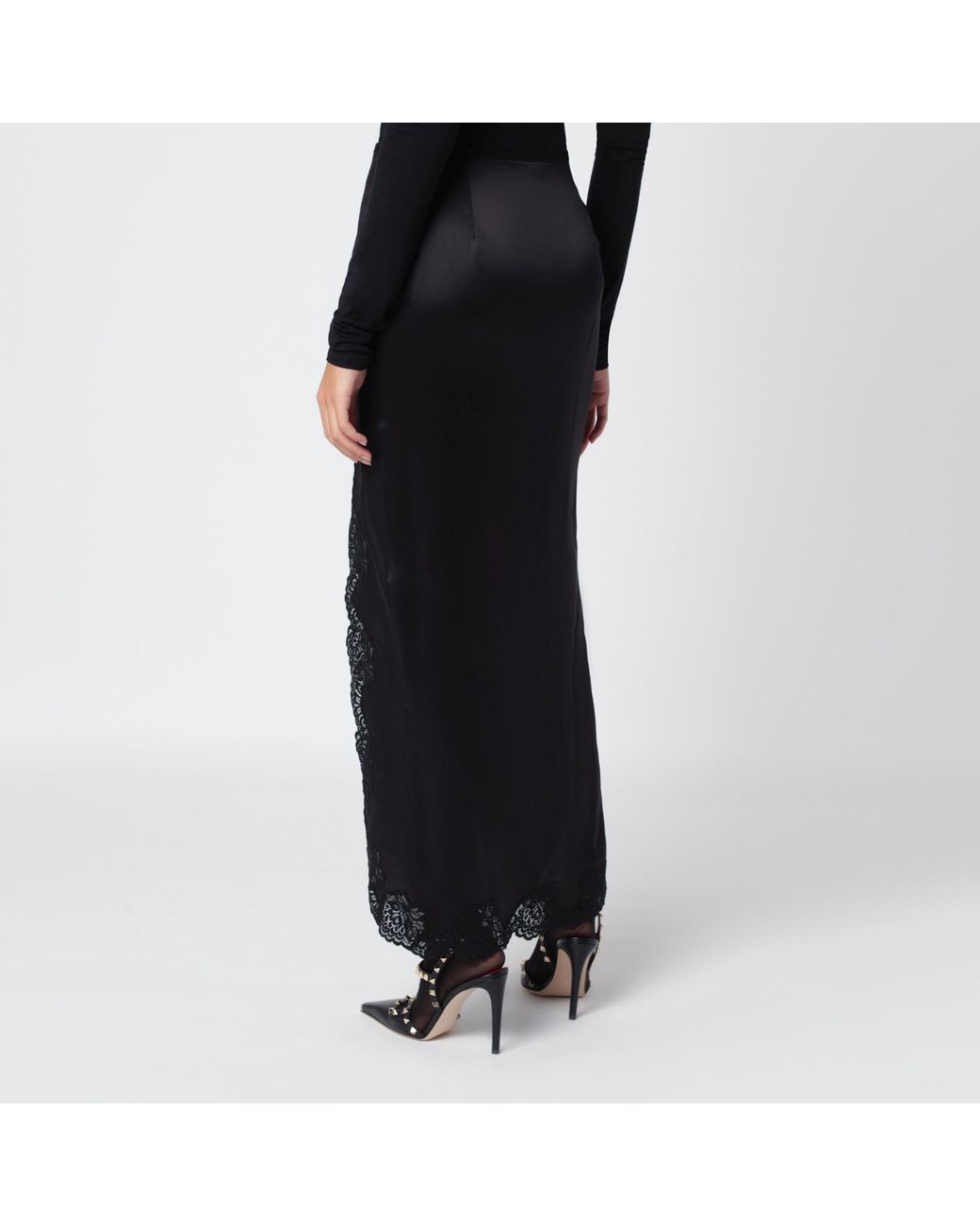 Valentino Black Long Crepe Satin Skirt With Lace
