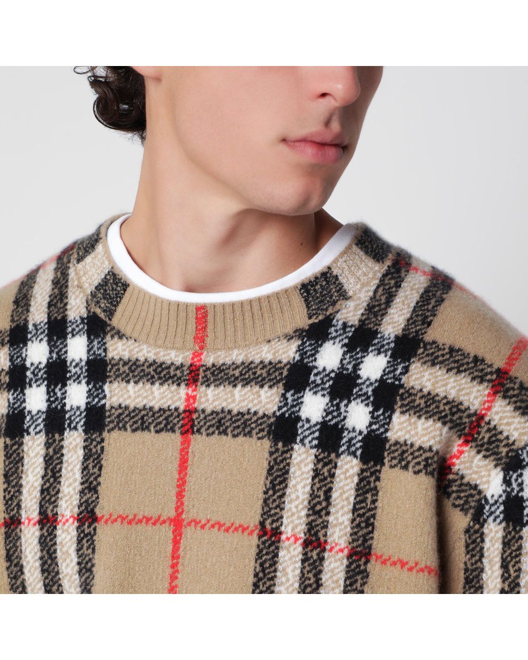 Burberry Brown Sand Cashmere Check Sweater for men