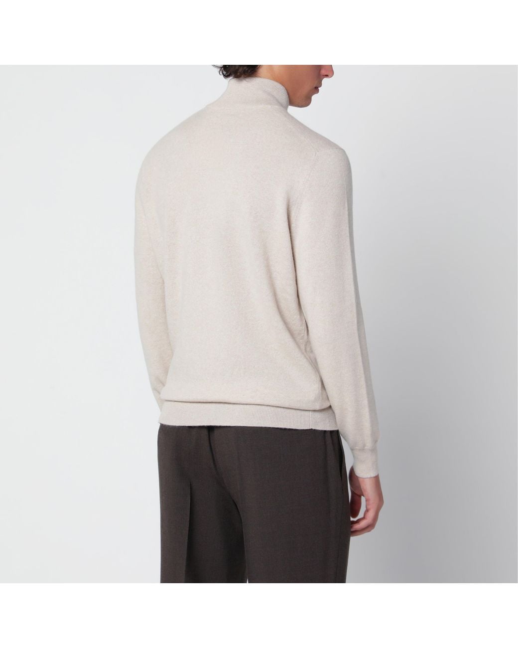 Brunello Cucinelli Natural Sand Cashmere Half-Zip Turtleneck Sweater for men